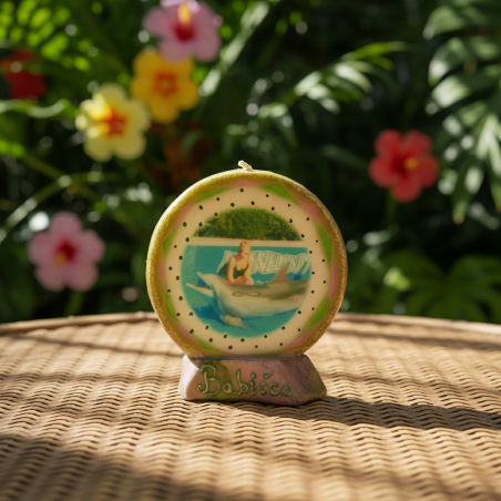 Runde Fotokerze URLAUB Grün-Rosa